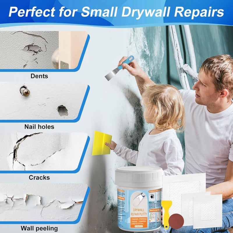 LifeisLuck Drywall Repair Kit, Drywall Patch Repair Kit with 8.8OZ White Wall Repair Putty, Scraper Sandpapers Gloves for Heavy Duty Plaster Wall Repair, Easy to Fill Holes in Home Wall & Quick Repair Crack - Image 5